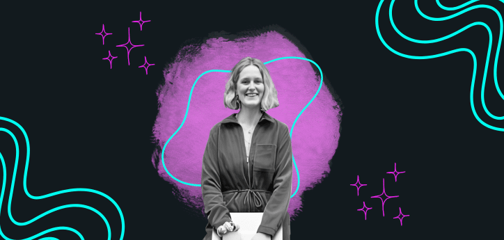 Clare Pritchard, a stress wellness coach, smiling confidently in front of a colourful abstract background with purple and teal design elements.