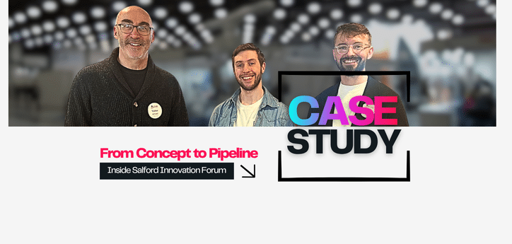 Founder Jamie with Artur and Bernard Standing side by side in a modern indoor venue, alongside a “Case Study” graphic and Salford Innovation Forum branding