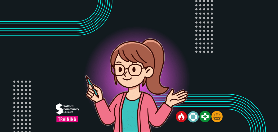 Illustrated character with glasses holding a pen and gesturing, shown on a dark background with teal curved lines, dotted patterns, and training-related icons. Salford Community Leisure Training logo appears in the corner.