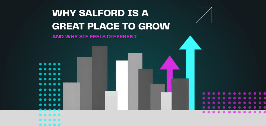Graphic titled ‘Why Salford is a great place to grow’ with abstract bar charts and upward arrows in teal and purple, representing growth and progress