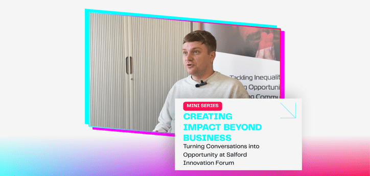 Ryan from the Rio Ferdinand Foundation speaking indoors, with a branded graphic overlay reading “Mini Series: Creating Impact Beyond Business – Turning Conversations into Opportunity at Salford Innovation Forum,” framed by colorful layered borders.